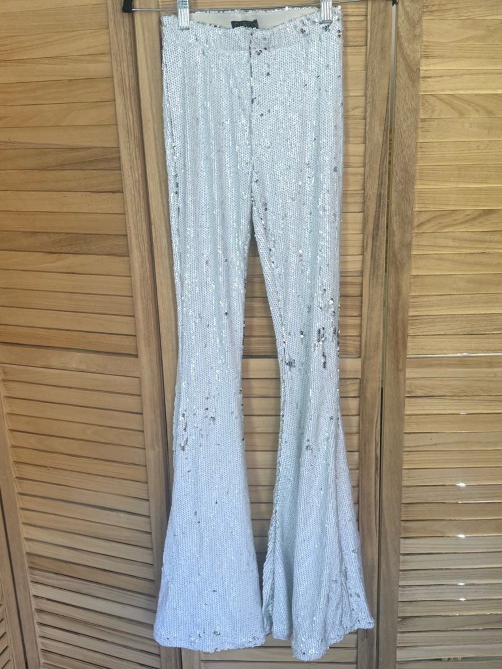 (NWOT) CLUB EXX White & Silver Sequin Flare Pants - High-Waist Bell Bottoms - Picture 2 of 3